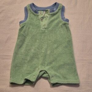 Janie and Jack boys 0-3 months green with blue trim terry sleeveless romper VGUC